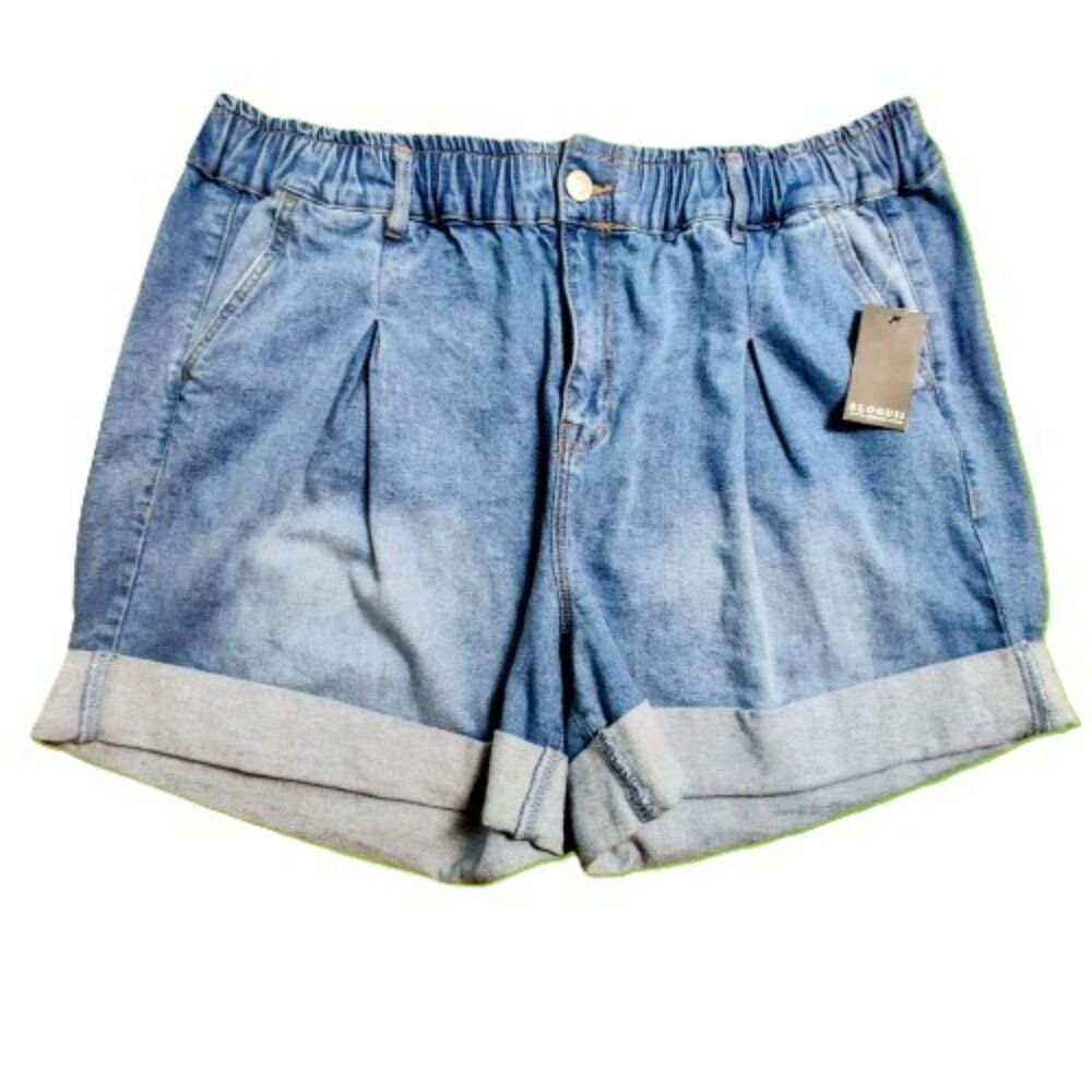Eloquii Women’s Pleated Denim Shorts Size 20 Elastic Waist Cuffed Stretch Blue